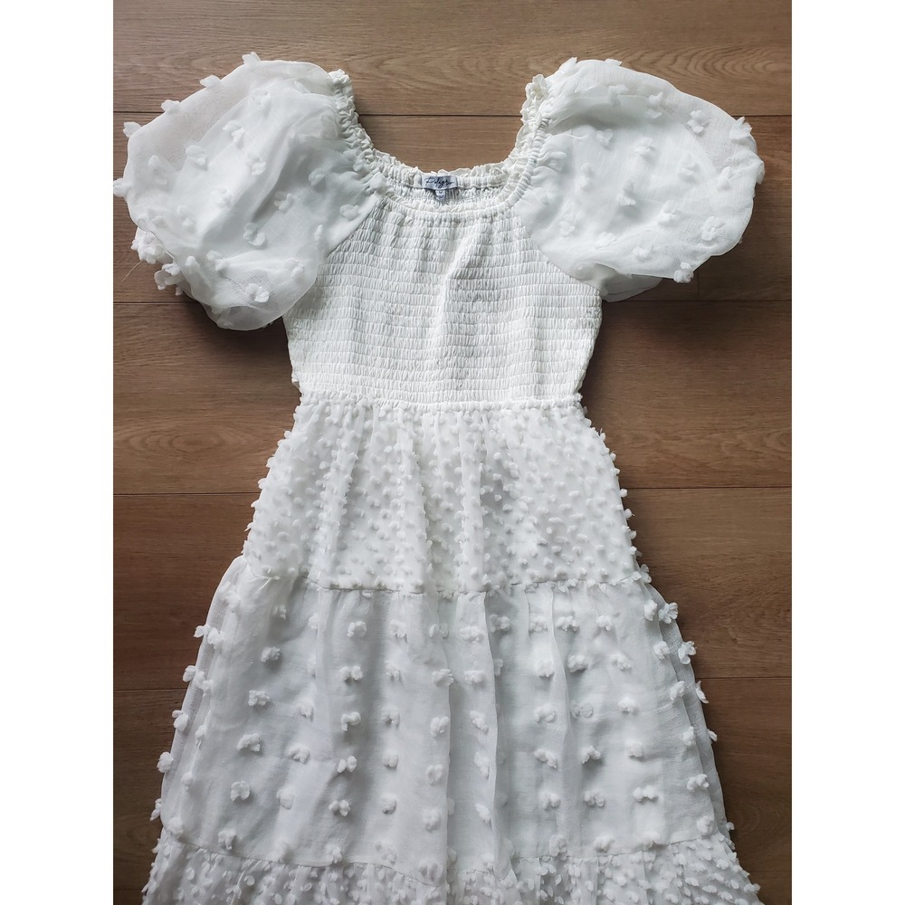 Polagram White Dot Smocked w/ Puff Sleeve Midi Dress Womens Medium NWT - Picture 2 of 16